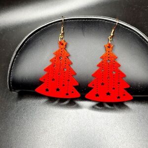 Bright red wood carved Christmas  tree earrings fun festive jewelry